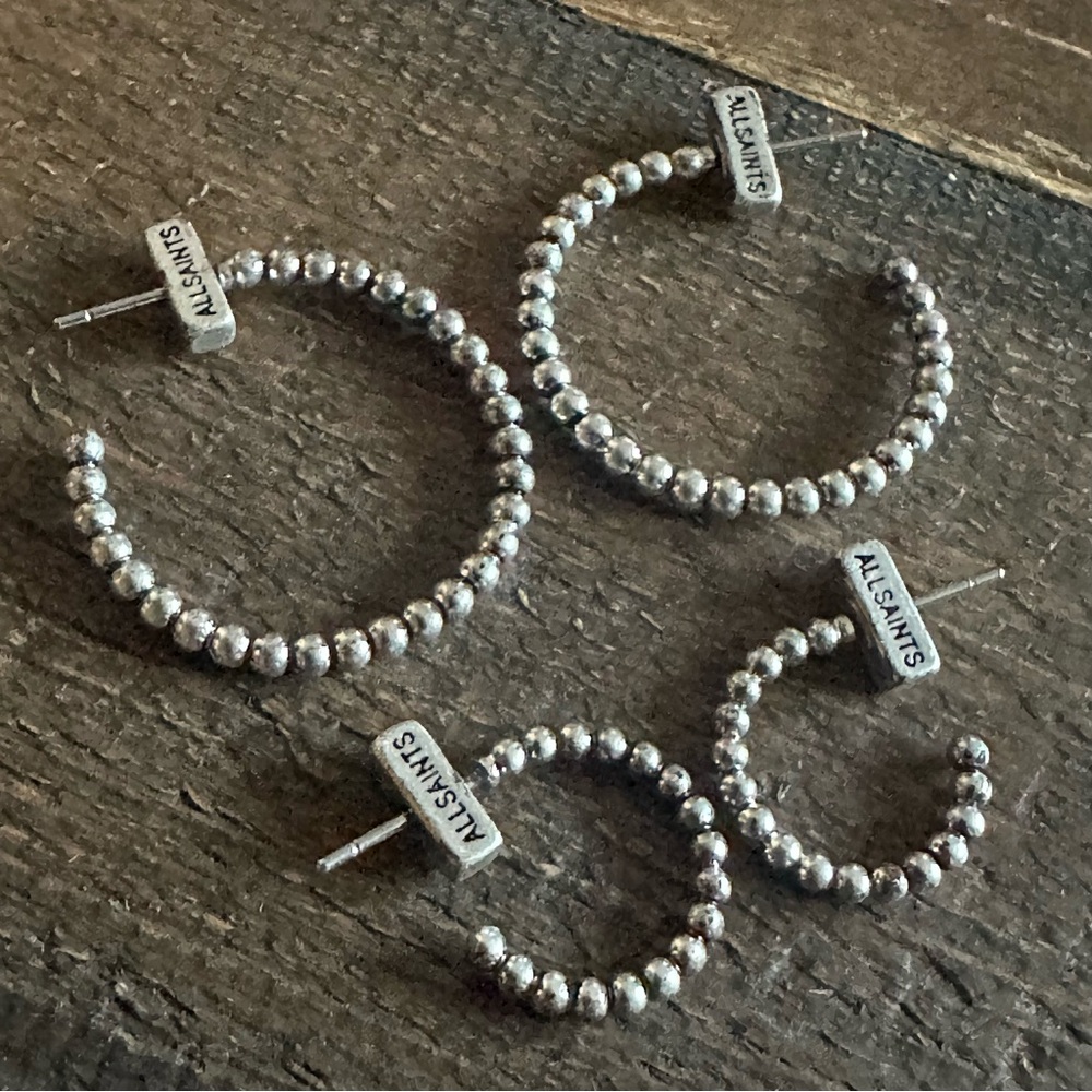 NWOT AllSaints Silver Beaded Open Hoop Earrings, Dainty, Vintage Inspired